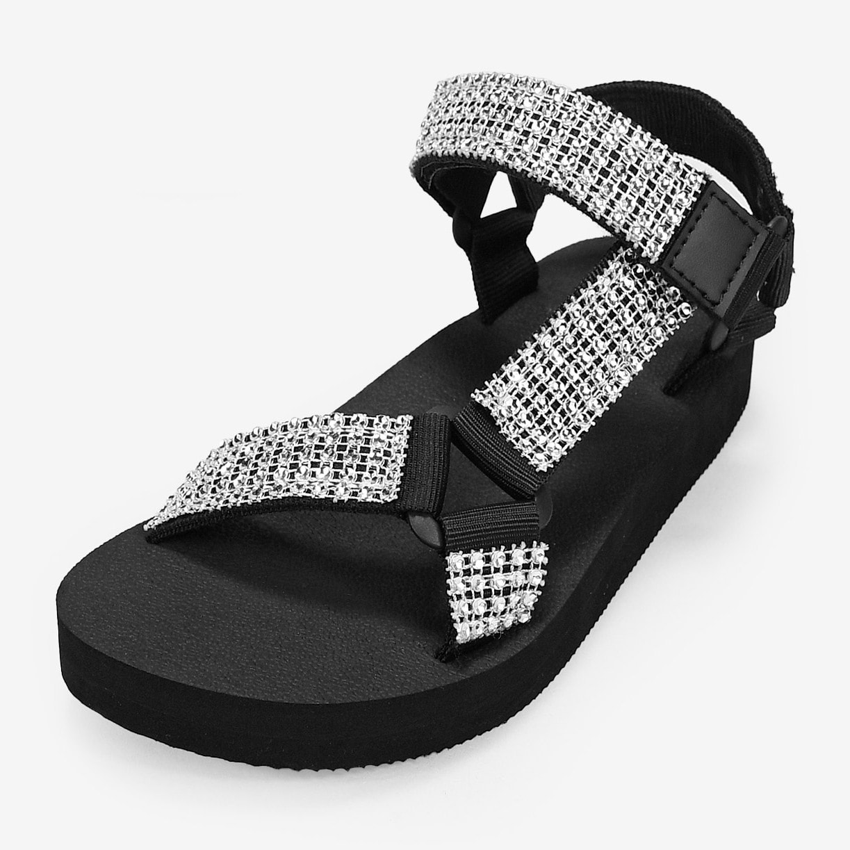 Sandalias planas deportivas negras con brillantes