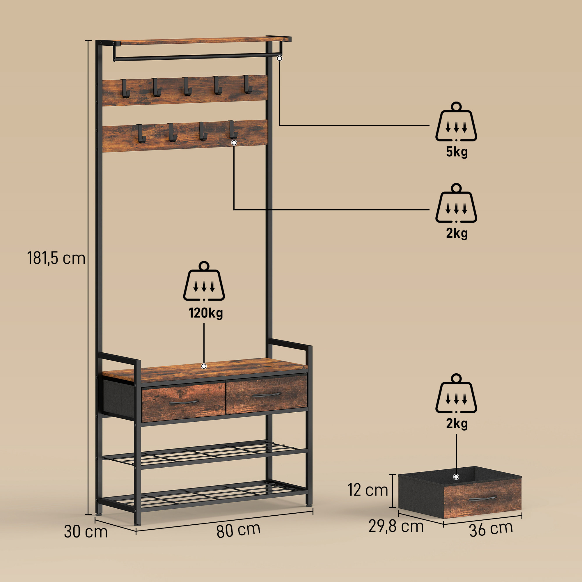 Vestiaire d'entrée style industriel bois métal 2 étagères 2 tiroirs 10 patères barre penderie banc