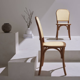 Lot de deux chaises vintage en bois marron vieilli avec assise et dossier en rotin
