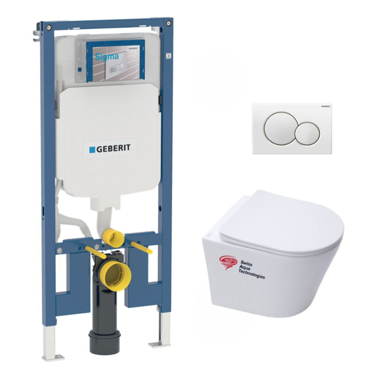 Pack WC Bati-support Geberit extra-plat + Cuvette Swiss Aqua Technologies Infinitio sans bride + Plaque blanche