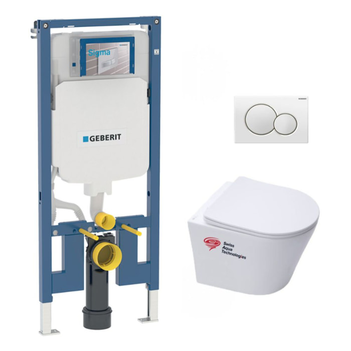 Pack WC Bati-support Geberit extra-plat + Cuvette Swiss Aqua Technologies Infinitio sans bride + Plaque blanche