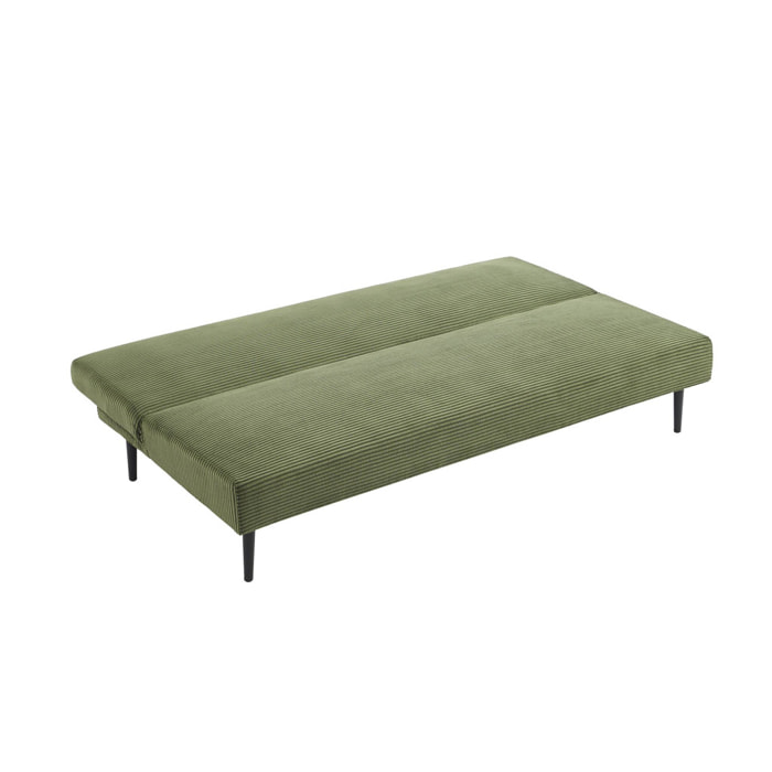 Canapé banquette convertible 3 places velours côtelé kaki piétement métal L 180 x P 100 x H 74.5 cm - Max