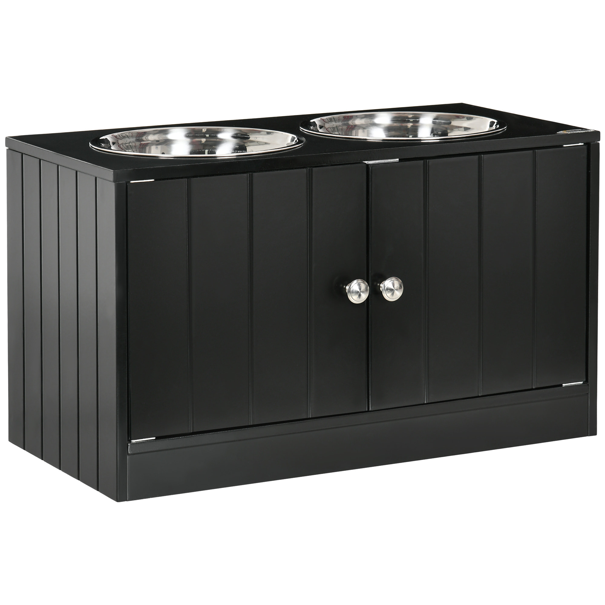 Gamelle double chien chat - porte-gamelles surélevé armoire 2 en 1 - 2 portes, 2 gamelles - acier inox. MDF noir