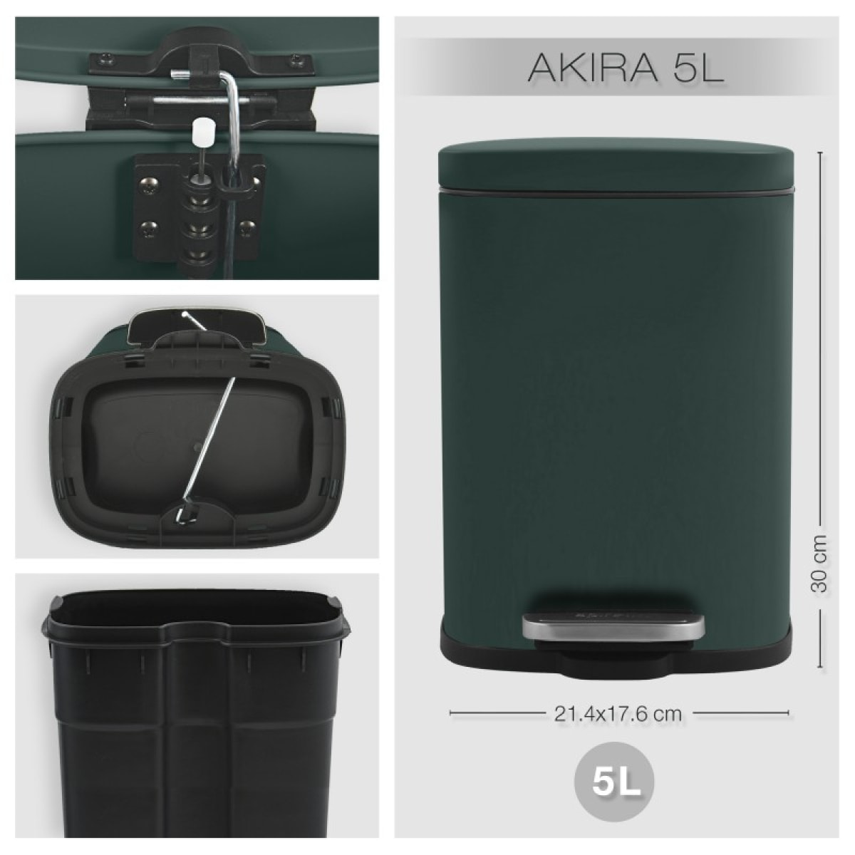 Poubelle à pédale Acier AKIRA 5L Vert Foncé mat Spirella