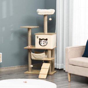 Árbol Rascador para Gatos Torre de Escalada con Plataformas Hamaca Escalera Cueva Postes para Rascar de Yute Bola Colgante Juego y Descanso 60x40x130 cm Beige