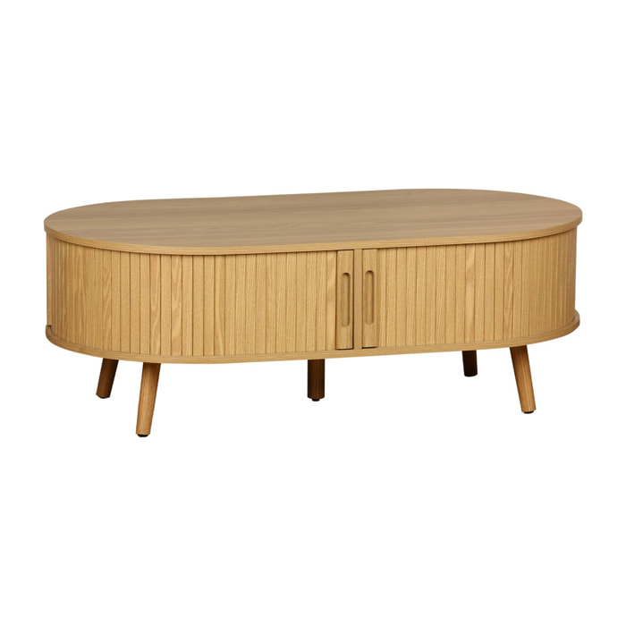 Table basse 2 portes coulissantes avec 3 compartiments effet bois rainuré. L 110 x P 59 x H 39cm
