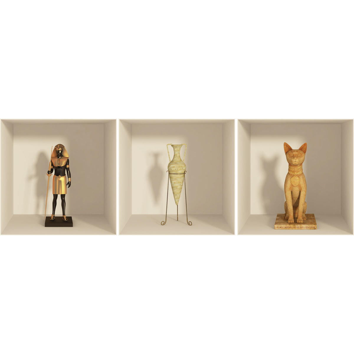 Stickers muraux 3D | Sticker Mural Autocollant effet 3D Egypte statues et chiens - Stickers adhésifs 3D Chambre Salon Trompe l'oeil