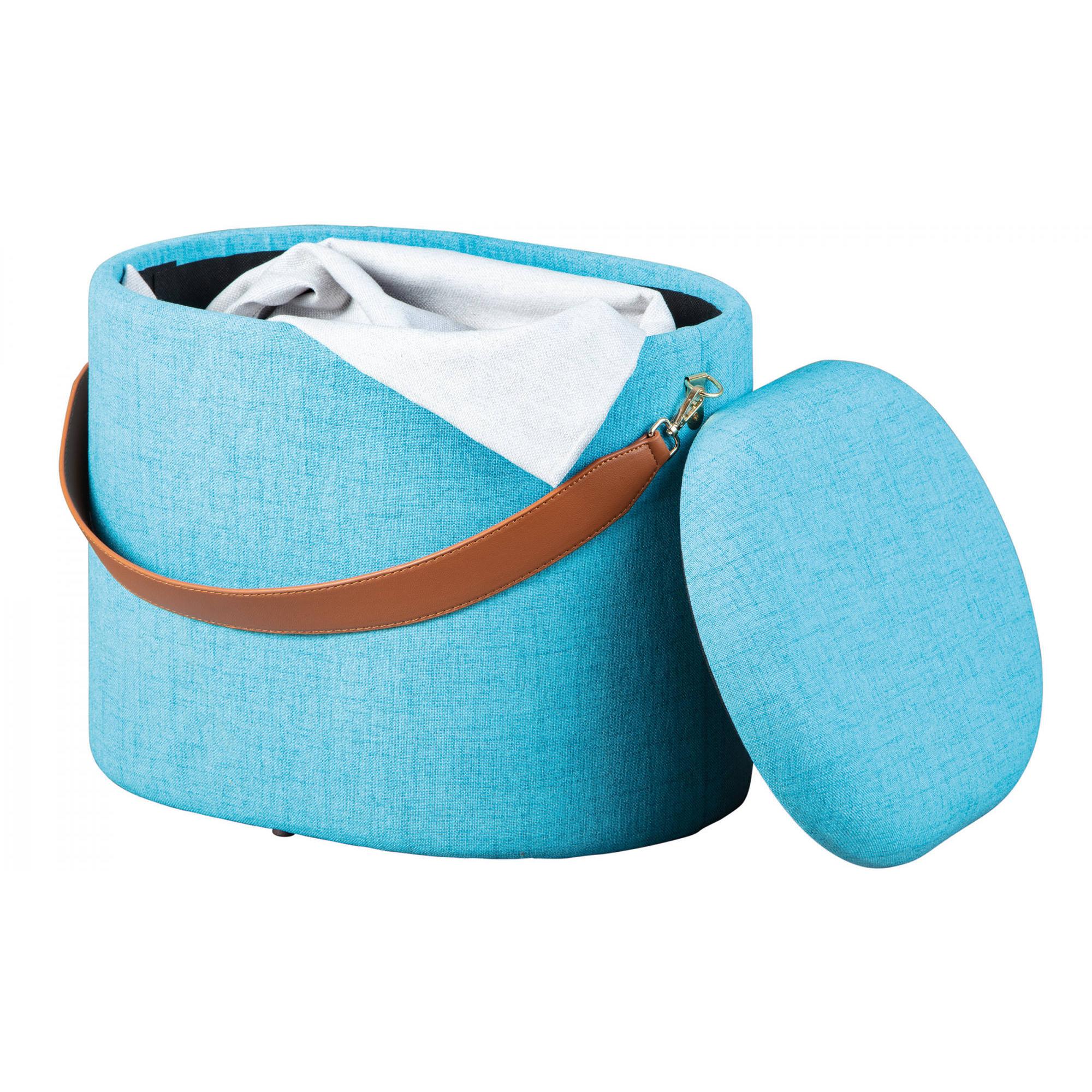 Pouf contenitore in tessuto con maniglia in ecopelle, colore azzurro, cm 42x30x36