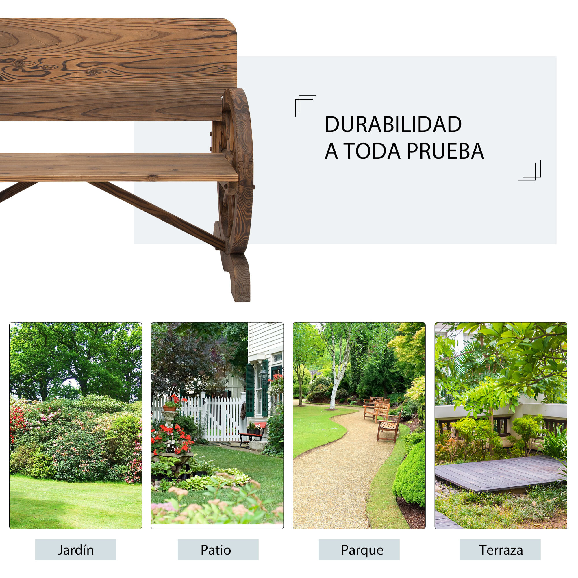 Banco de Jardín de Madera Banco de Exterior con Reposabrazos y 2 Ruedas Decorativas Estilo Rústico Carga 250 kg para Patio Terraza 114x58x80 cm Carbonizado