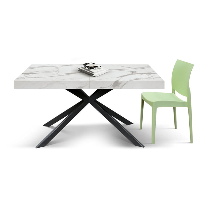 Tavolo CAMAIORE in legno, finitura bianco statuario e gambe a X in metallo nero, allungabile 140x90 cm - 220x90 cm