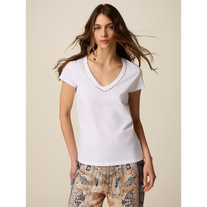 Oltre - Camiseta de algodón con engarces - Blanco