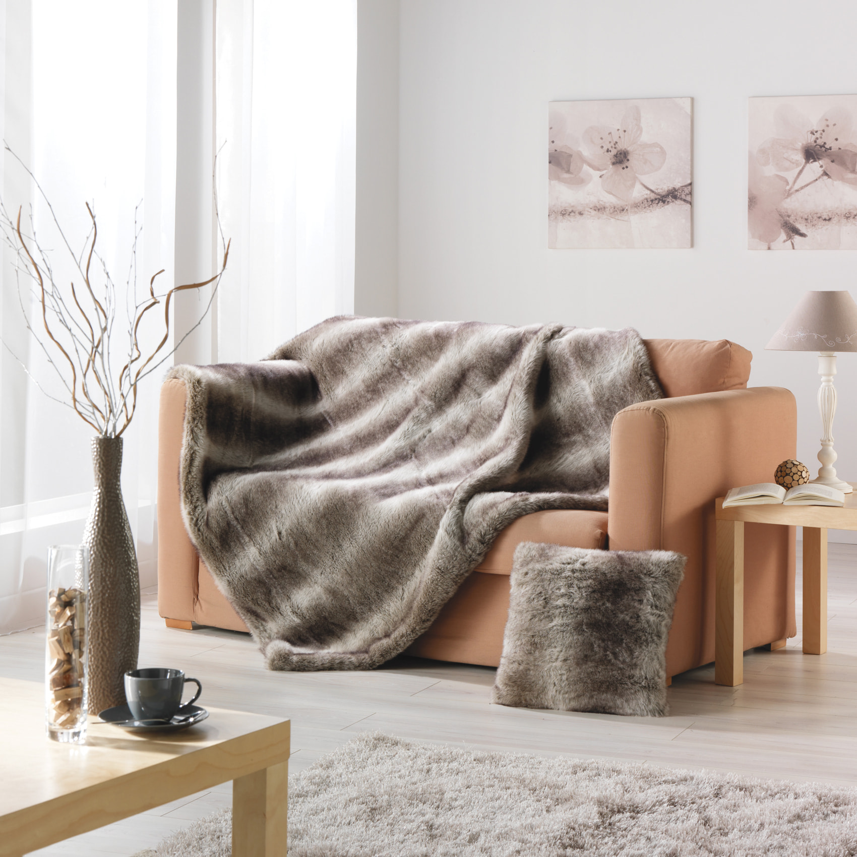 Plaid  imitation fourrure   - Effet loup brun doublé velours - Marron Brun