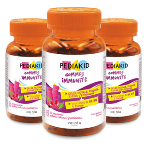 PEDIAKID - Gommes Immunité - Formule Naturelle au Délicieux Arôme de Framboise - Contribue au Fonctionnement Normal du Système Immunitaire - Soutient les Défenses de l'Organisme - Lot de 3 piluliers