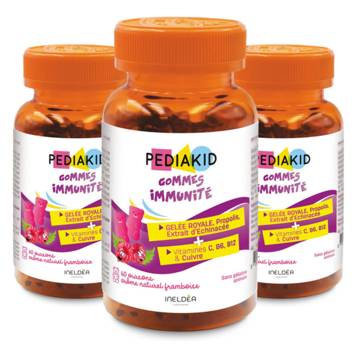 PEDIAKID - Gommes Immunité - Formule Naturelle au Délicieux Arôme de Framboise - Contribue au Fonctionnement Normal du Système Immunitaire - Soutient les Défenses de l'Organisme - Lot de 3 piluliers