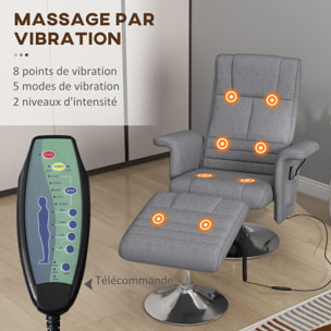 Fauteuil relax massant inclinable réglable avec repose-pied piètement acier chromé tissu gris