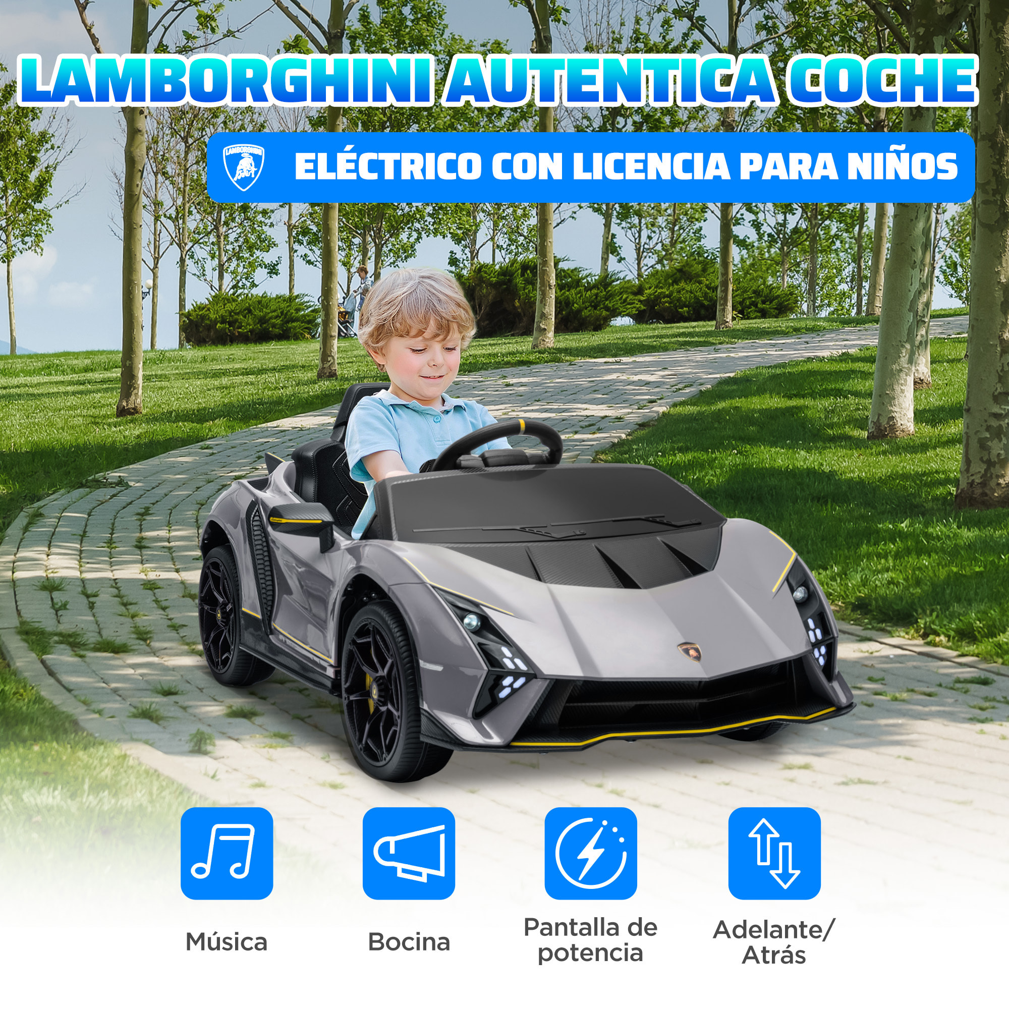 Coche Eléctrico para Niños de +3 Años Lamborghini Autentica Coche Eléctrico con Batería 12V Mando a Distancia Faros Bocina Arranque Suave y Música MP3 Gris