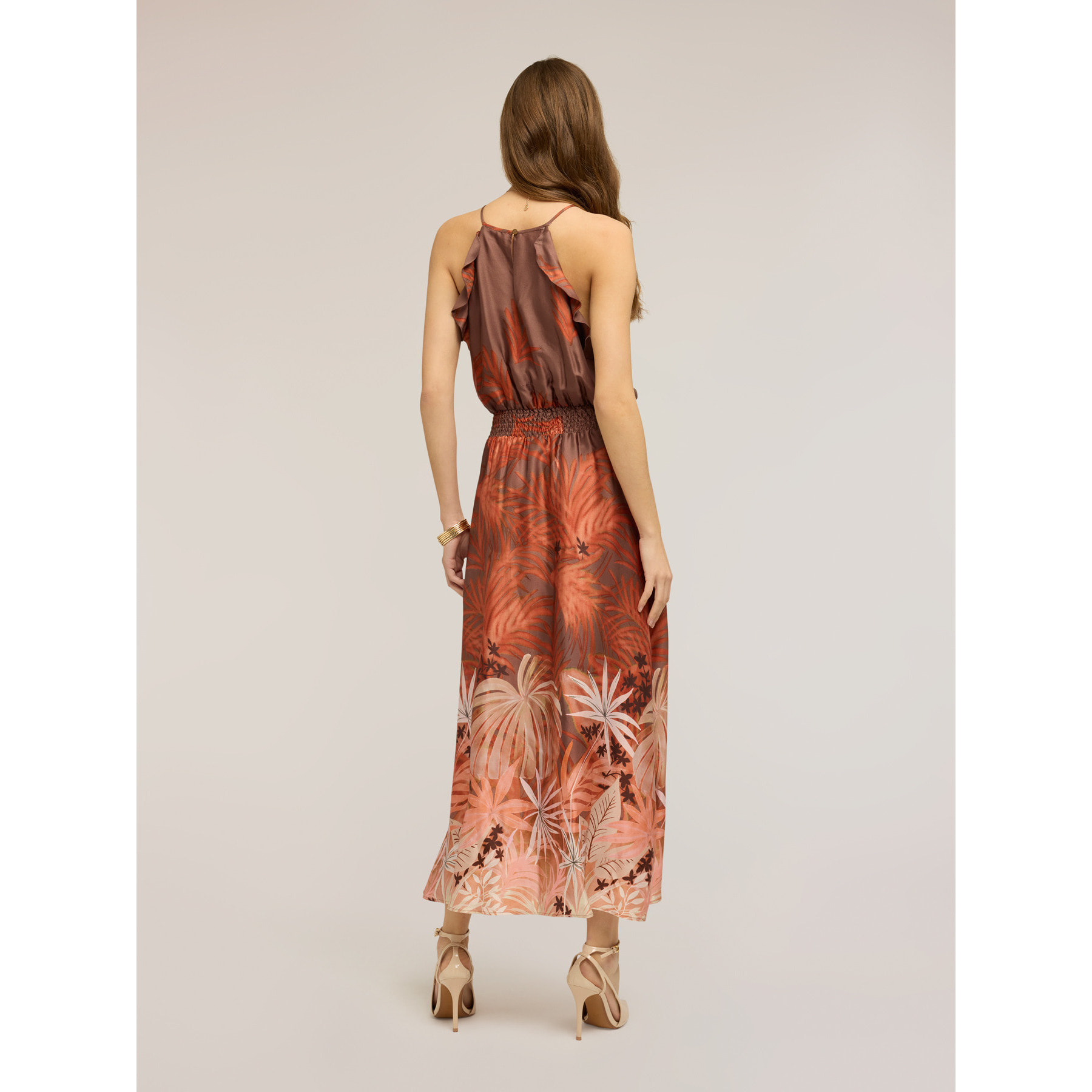 Motivi - Vestido largo de satén con estampado - Naranja sol