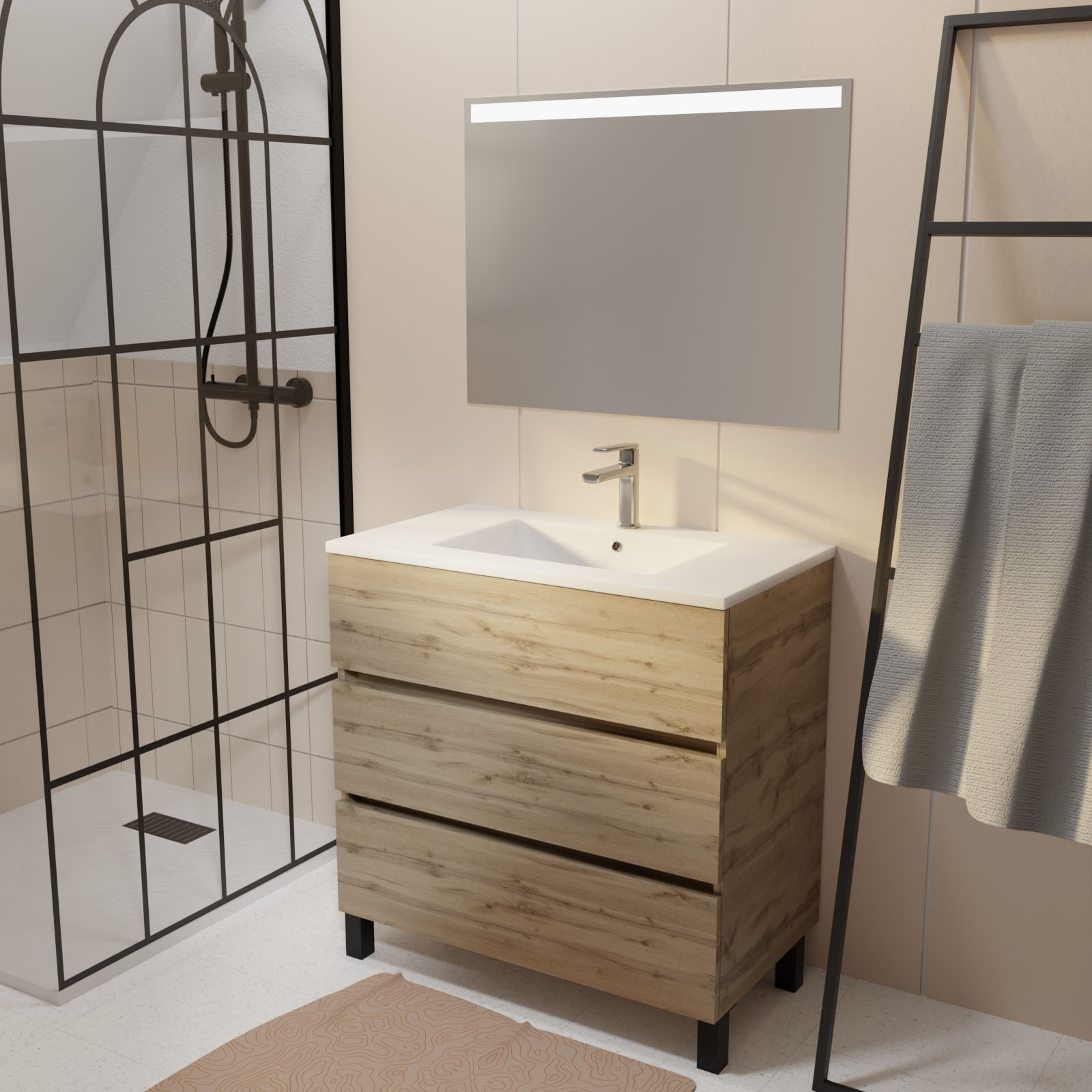 Pack Meuble SDB 80cm sur pieds 3 tiroirs Chene_Vasque blanche + Miroir Led - TIMBER 80_Pack46
