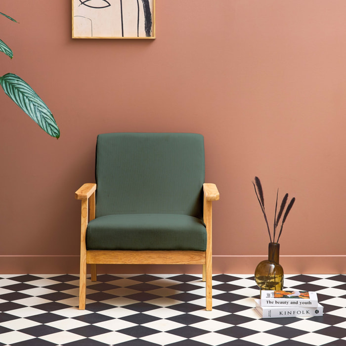 Fauteuil scandinave bois de peuplier, d'hévéa et velours côtelé ISAK