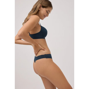 Perizoma a coste con pizzo blu navy