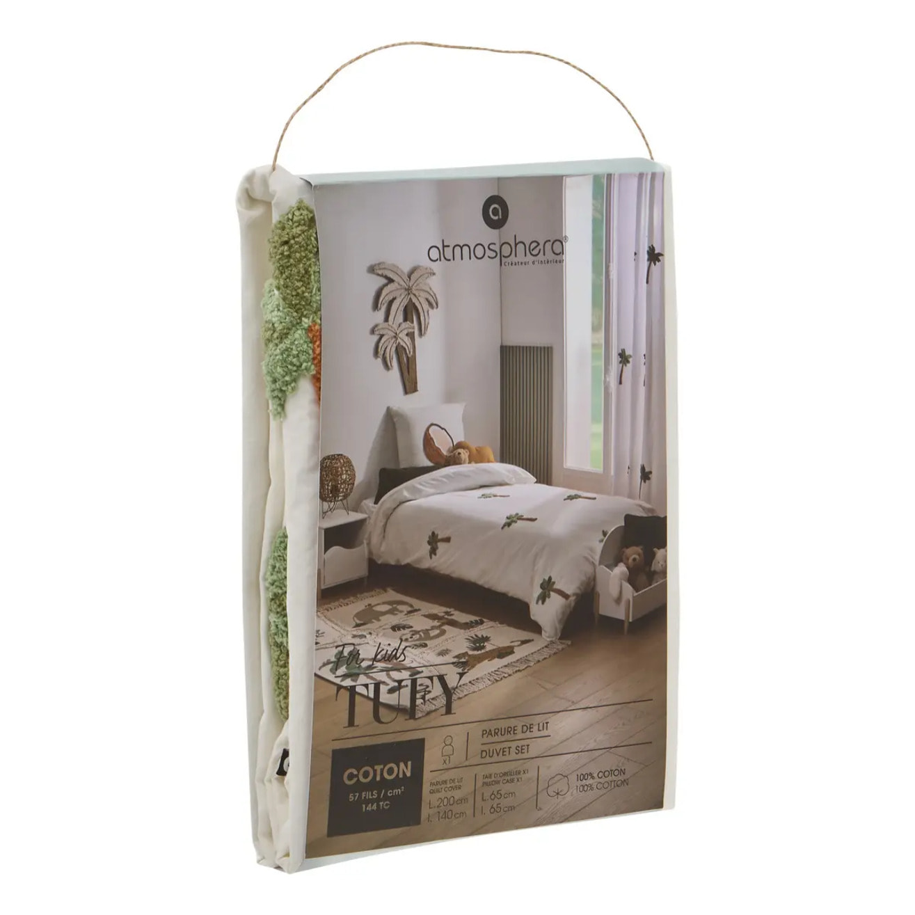 Parure de Lit Tufy 140x200 cm Blanc Imprimé Palmier et Noix de Coco
