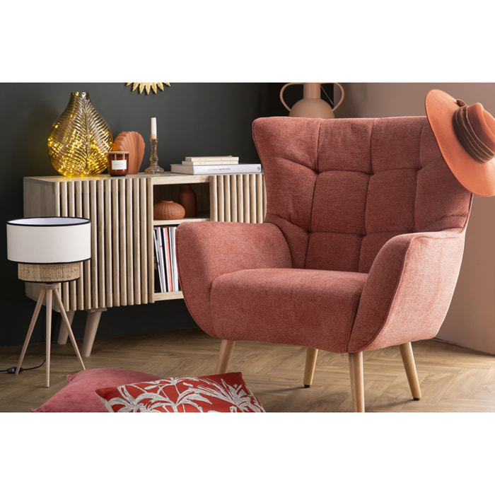 Fauteuil scandinave en tissu effet velours texturé terracotta et bois clair AVERY