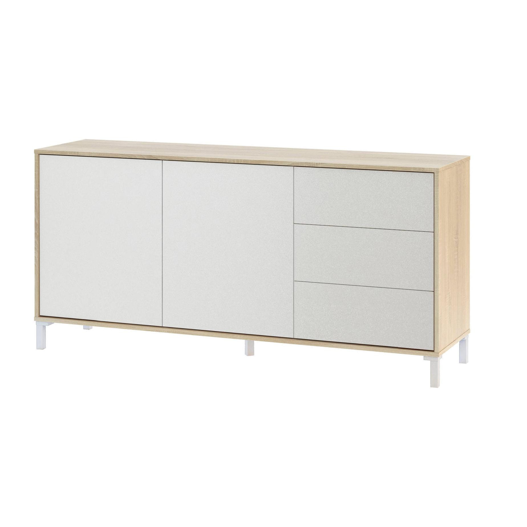 Credenza Concord, Madia moderna a 2 ante e 3 cassetti, Buffet da soggiorno, Mobile porta TV, Madia per salotto, cm 154x41h74, Rovere e Bianco