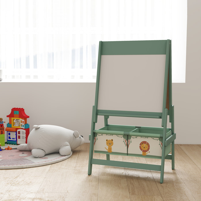 Tableau chevalet enfant - tableau blanc, tableau à craie, rouleau papier 3 en 1 - paniers rangement intégrés - MDF pin vert