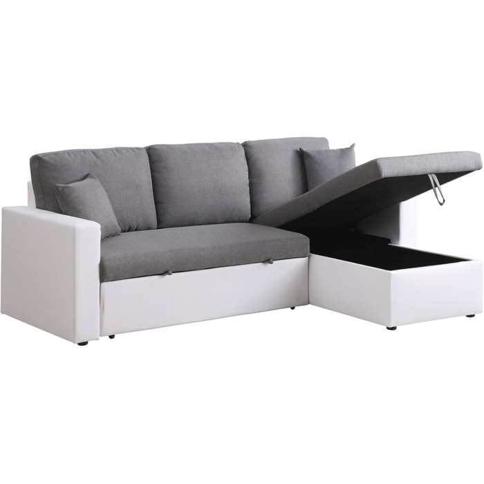 Canapé d'angle convertible/ réversible avec coffre "Alain" - 221 x 145 x 85 cm - 3 places - Gris / Blanc