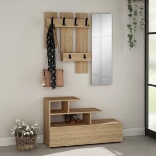 Meuble d'entrée effet bois avec porte manteau, rangement et miroir CASABLANCA
