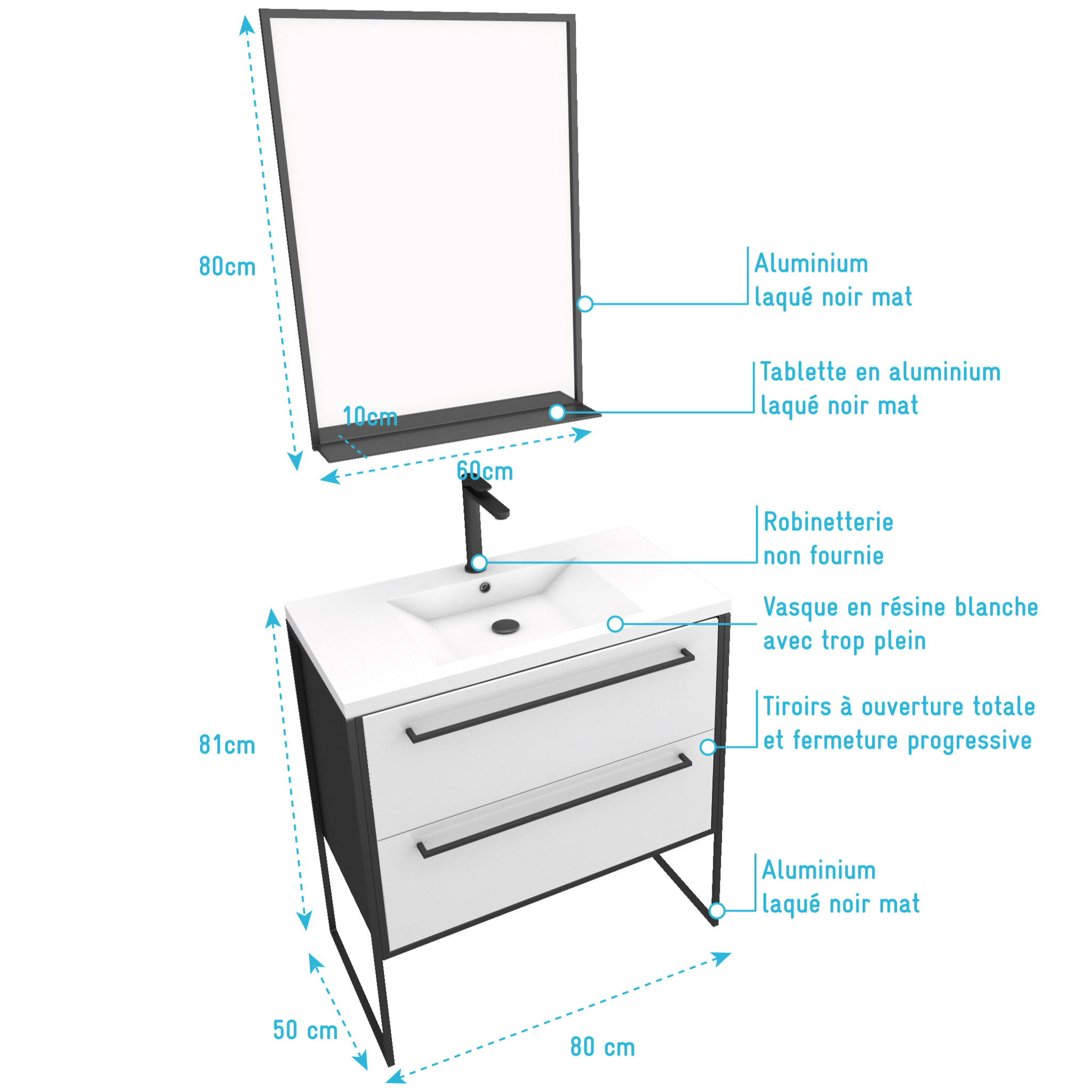 Pack meuble de salle de bain 80x50 cm - 2 tiroirs blanc - vasque blanche + miroir noir mat