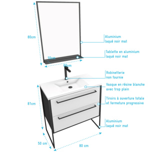 Pack meuble de salle de bain 80x50 cm - 2 tiroirs blanc - vasque blanche + miroir noir mat