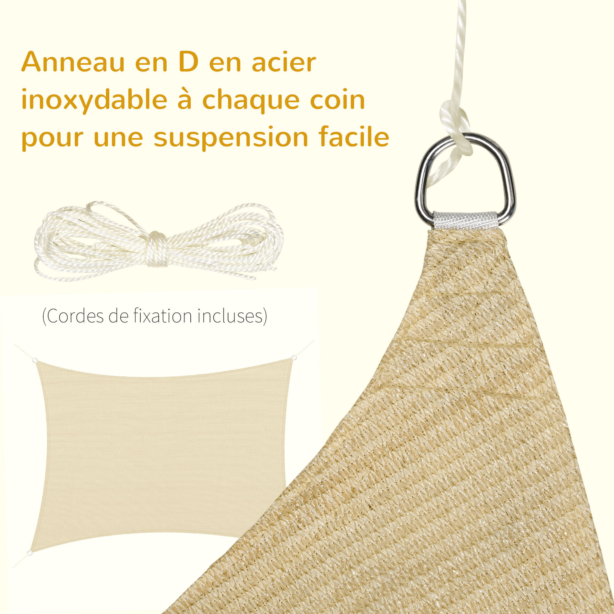 Voile d'ombrage rectangulaire grande taille 4 x 3 m polyéthylène haute densité HDPE résistant aux UV beige