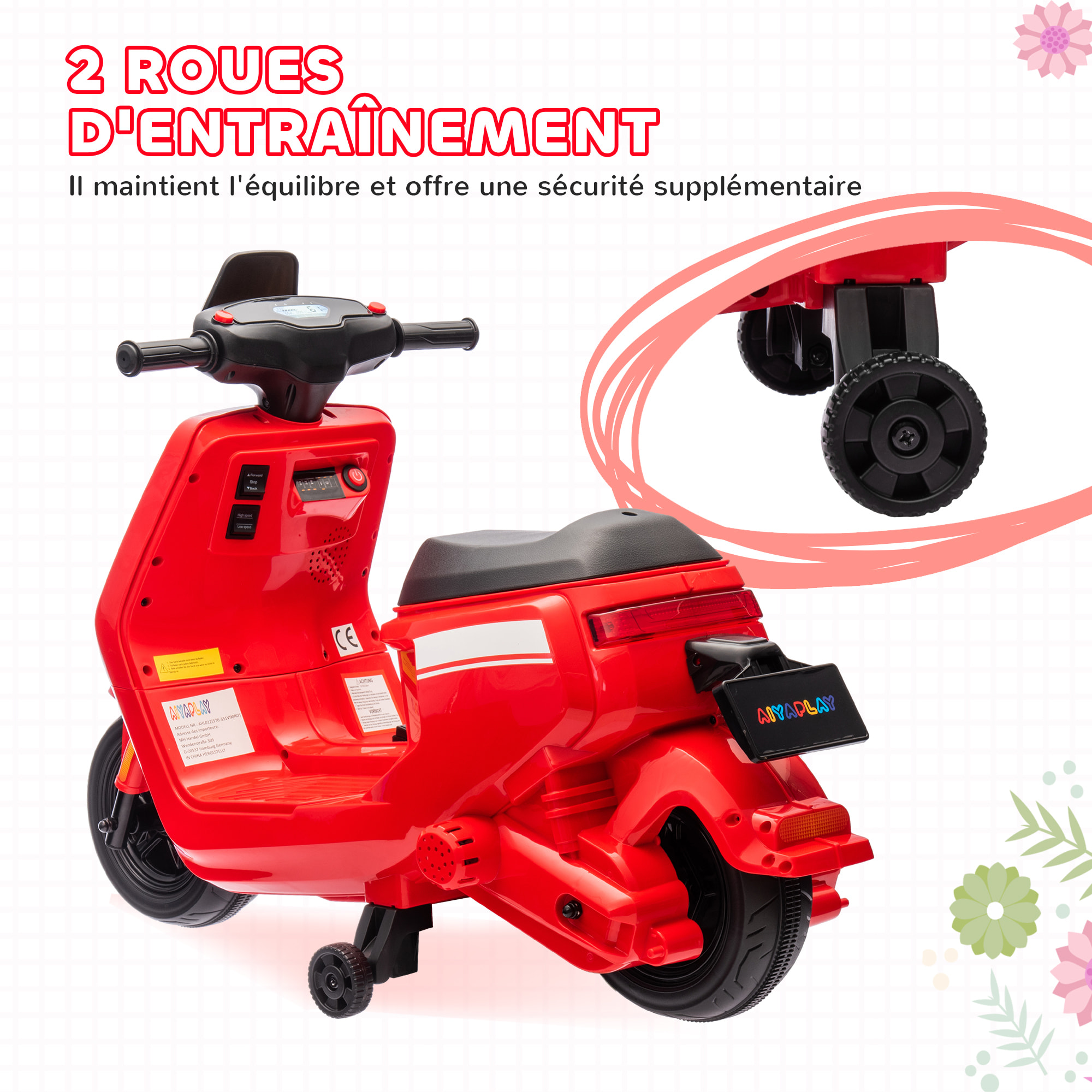 Scooter électrique enfant - moto enfant 6V 25W 2 vitesses 1,5-3 Km/h - effets sonores lumineux - rouge
