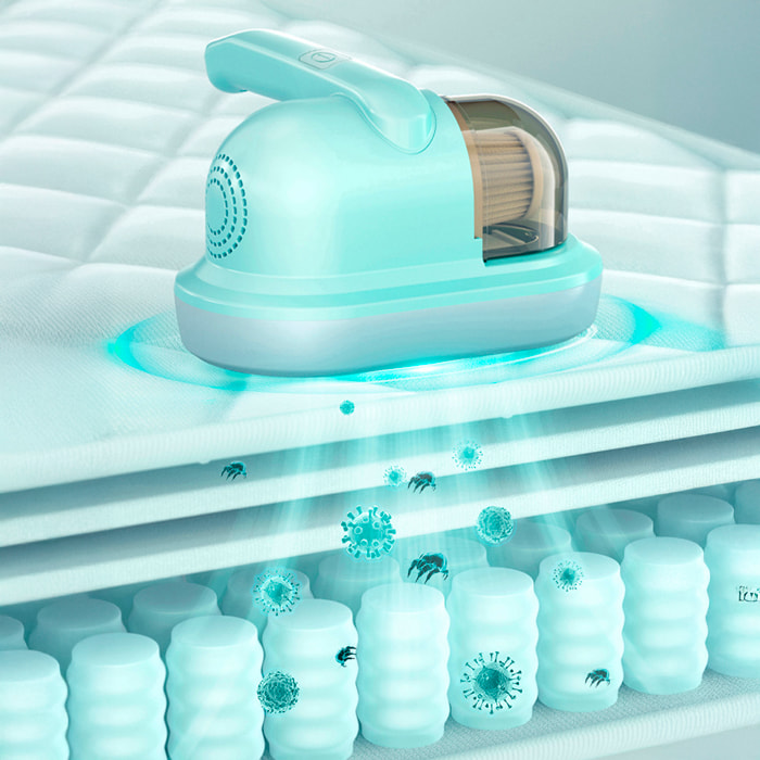 Aspirapolvere wireless a mano UV per letti. Pulisce efficacemente il tuo letto e i cuscini, aspirazione di 10kps con filtro quadruplo e funzione di aromaterapia anti-odori.