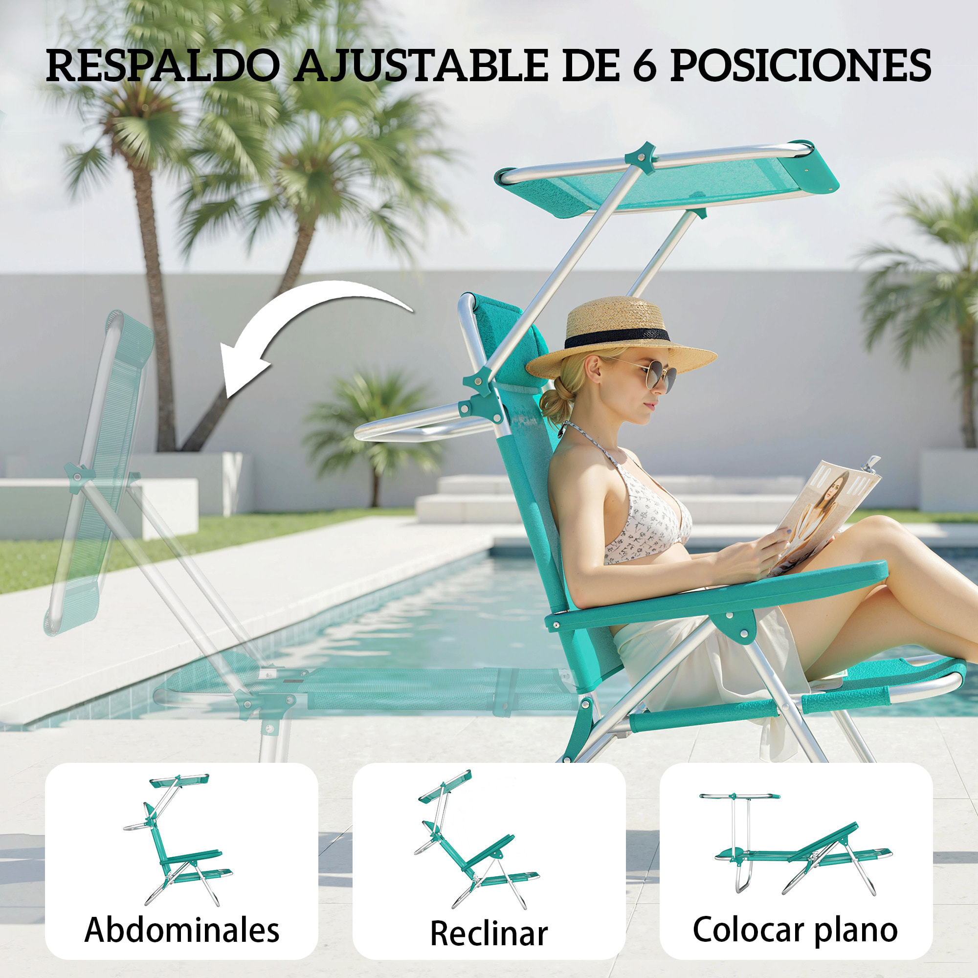 Pack de 2 Sillas de Playa Plegables con Dosel Ajustable, Respaldo Reclinable en 6 Posiciones y Reposacabezas, Sillas Bajas Portátiles con Brazos Carga 120kg para Acampada Jardín Turquesa
