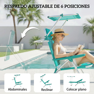 Pack de 2 Sillas de Playa Plegables con Dosel Ajustable, Respaldo Reclinable en 6 Posiciones y Reposacabezas, Sillas Bajas Portátiles con Brazos Carga 120kg para Acampada Jardín Turquesa