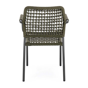 Set di 4 sedie con braccioli MIRANDA in alluminio antracite e corda verde, impilabili
