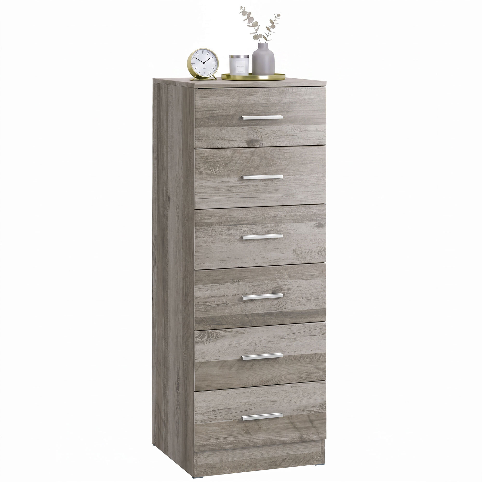 Cómoda de 6 Cajones, Cajonera para Dormitorio Alta y Estrecha, Sinfonier para Salón, Vestidor, Entrada, 40x40x110 cm, Gris Claro