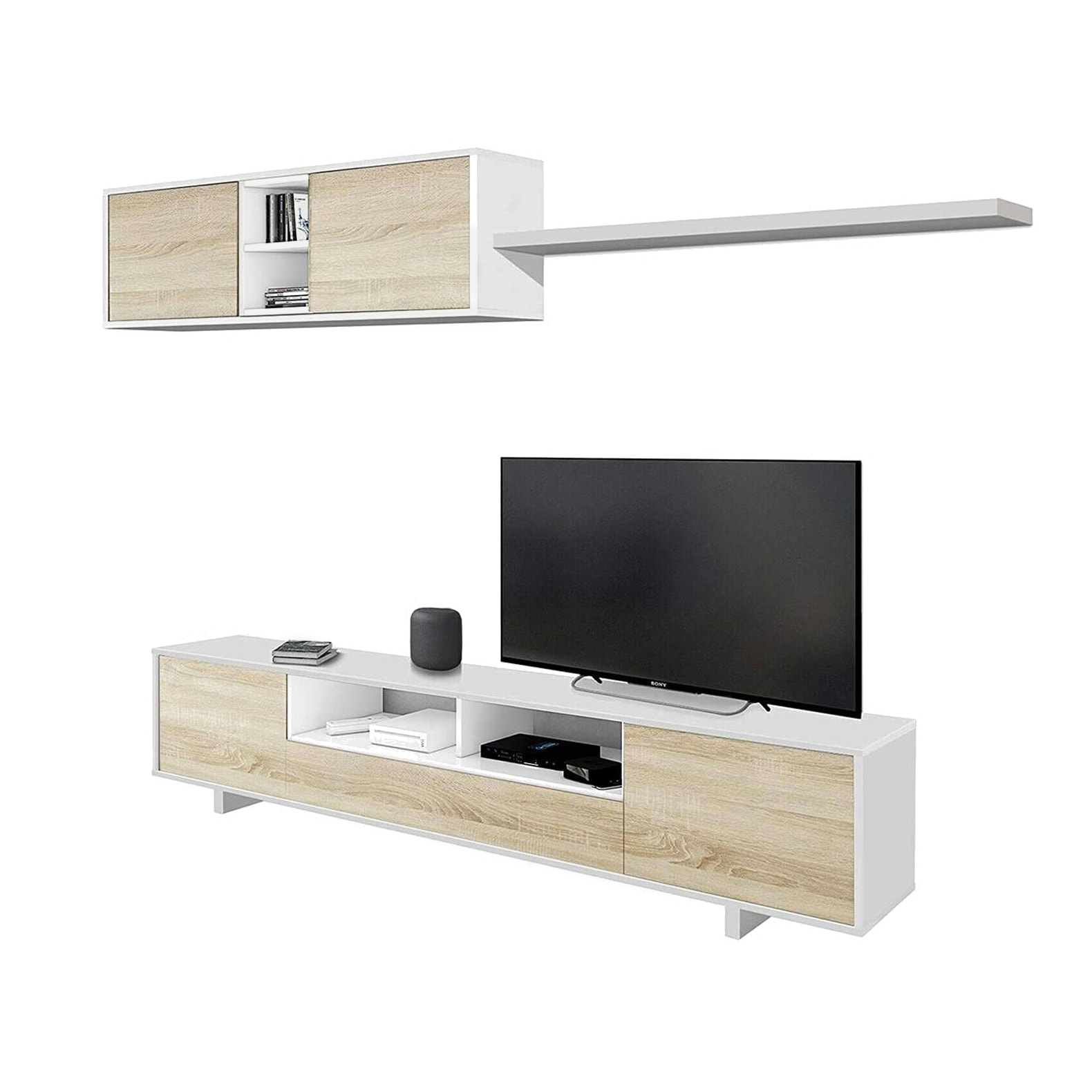 Parete attrezzata Angora, Mobile da soggiorno porta TV, Composizione set salotto, Set salotto con pensile, 260x41h46 cm, Bianco lucido e Rovere