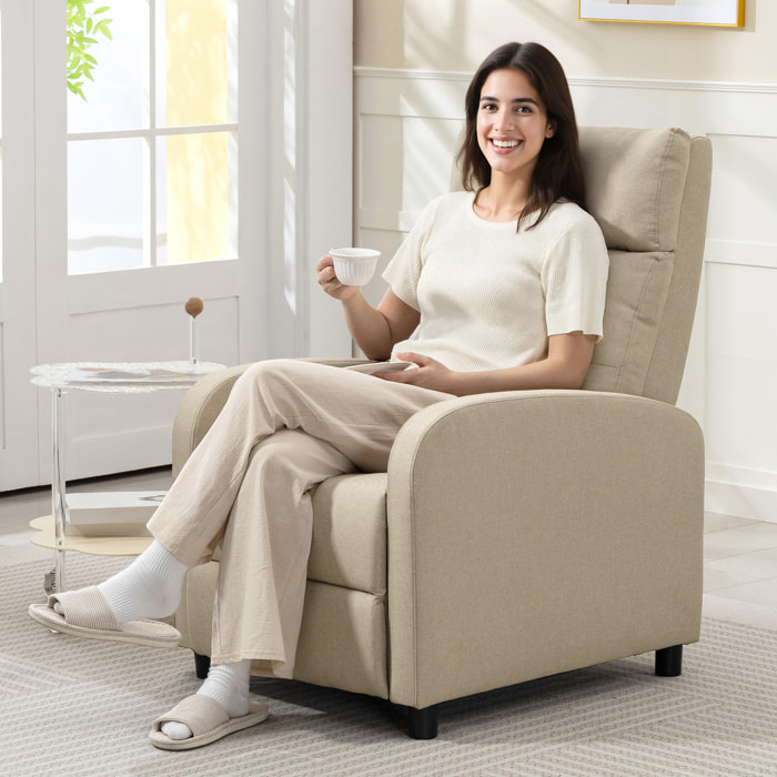 Sillón Relax Reclinable Manual, Sillón Relax de Lino con Apertura Push, Reposapiés, Respaldo Alto, Acolchado Grueso, Butaca Reclinable hasta 155Âº para Salón, Dormitorio, Oficina, Beige