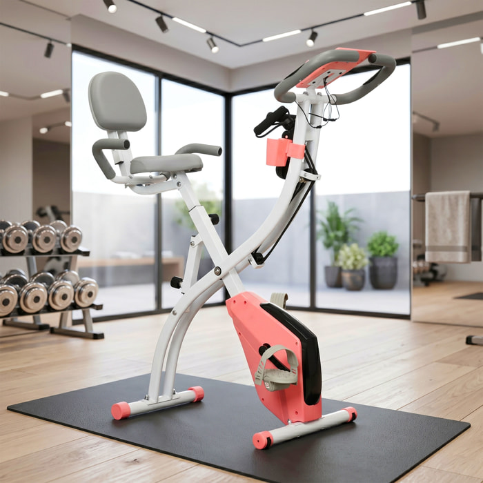 Vélo d'appartement pliant 8 niveaux de résistance magnétique dossier selle réglable poignées ergonomiques écran LCD multifonction suspensions support tablette acier rose blanc