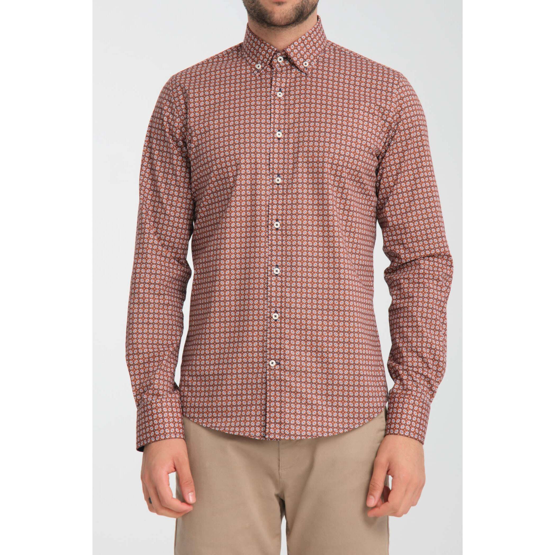 camicia uomo 1 bottone button down slim Popeline Stretch Stampato Blu/Arancio