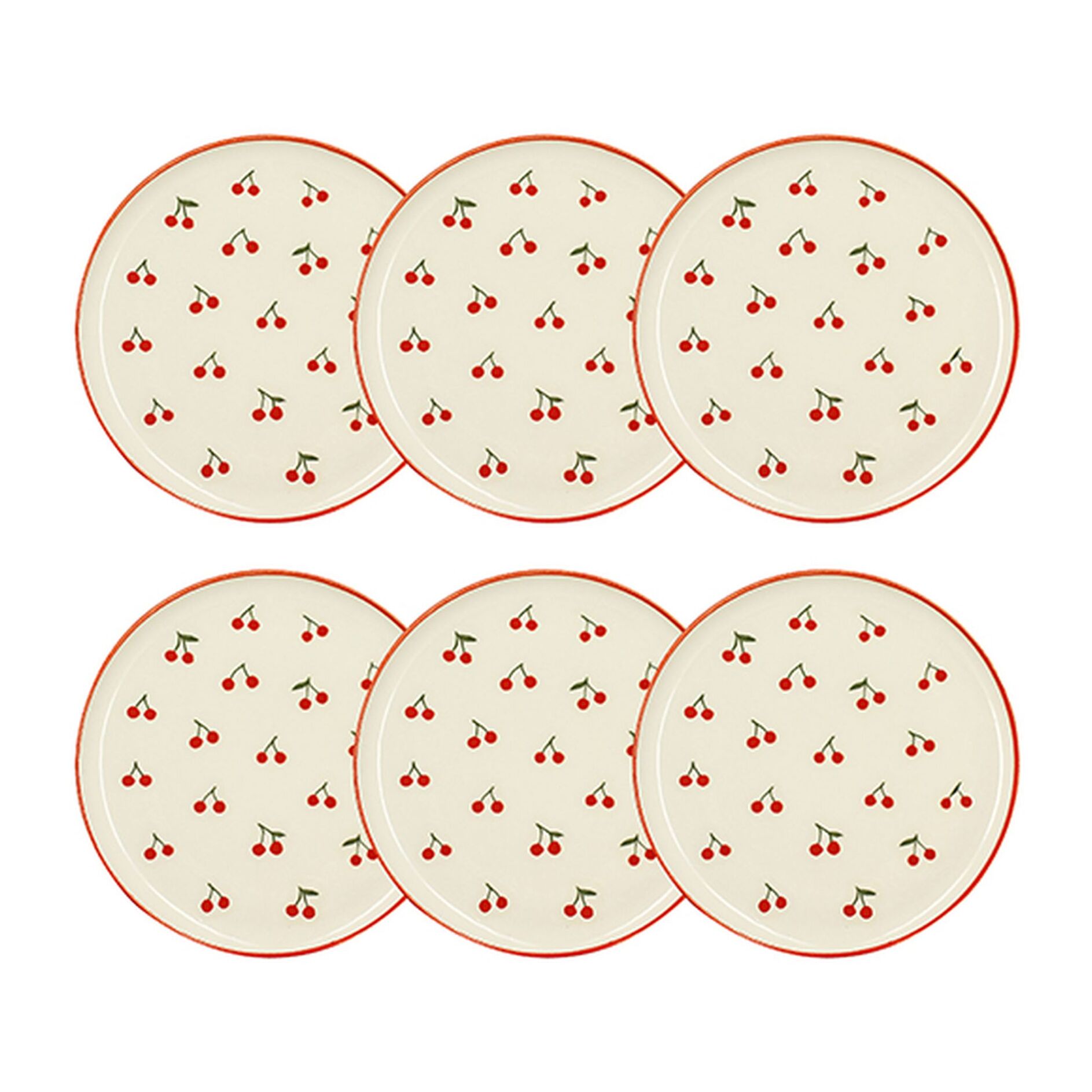 Lot de 6 assiettes plates 26cm en grès rouge et blanc à motif cerise CERISE