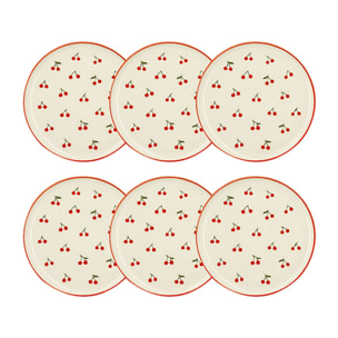 Lot de 6 assiettes plates 26cm en grès rouge et blanc à motif cerise CERISE