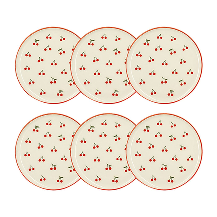 Lot de 6 assiettes plates 26cm en grès rouge et blanc à motif cerise CERISE