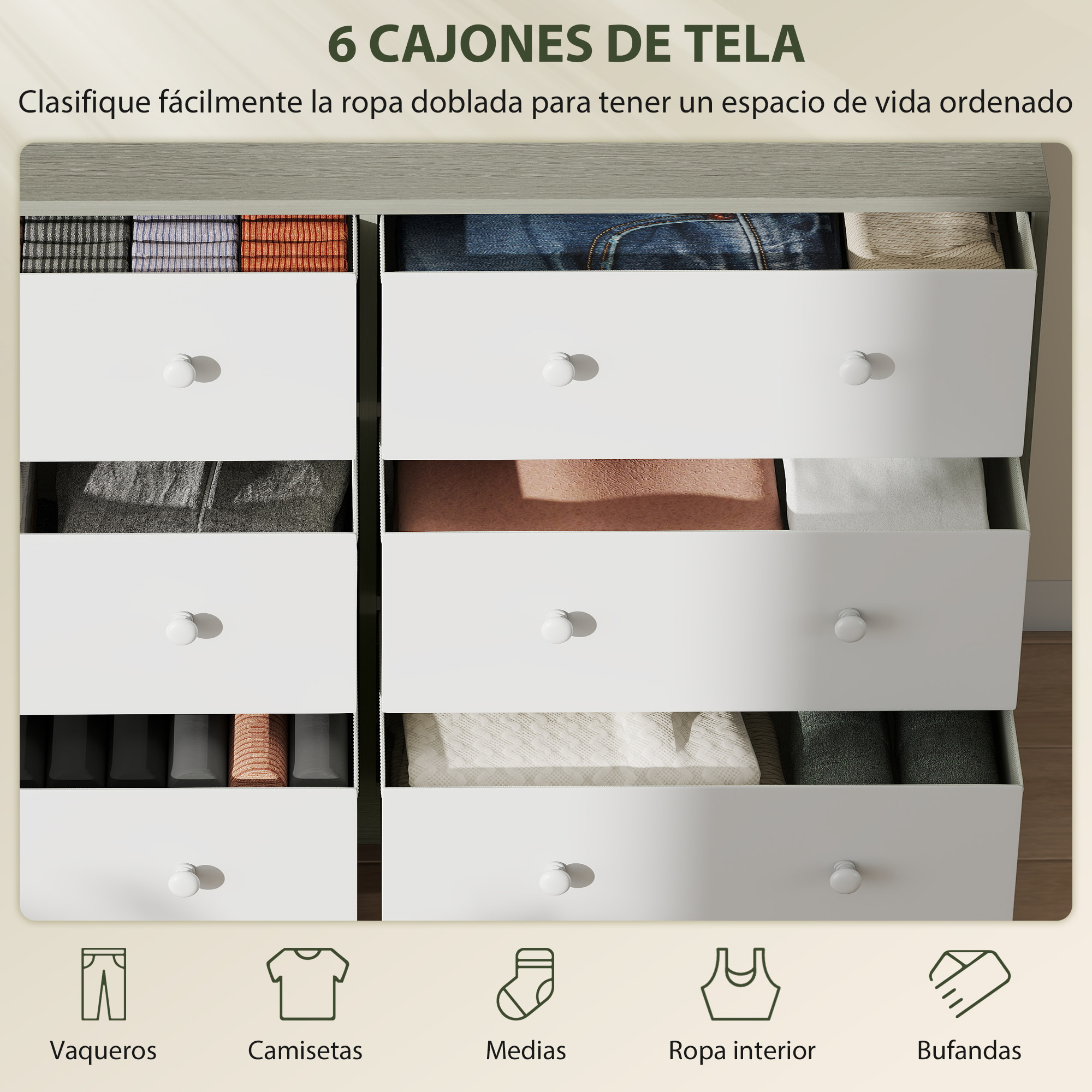 Cómoda con 6 Cajones de Tela, Cómoda para Dormitorio, Marco de Acero y MDF, Cajonera para Salón, Oficina, Vestidor, Blanco y Gris