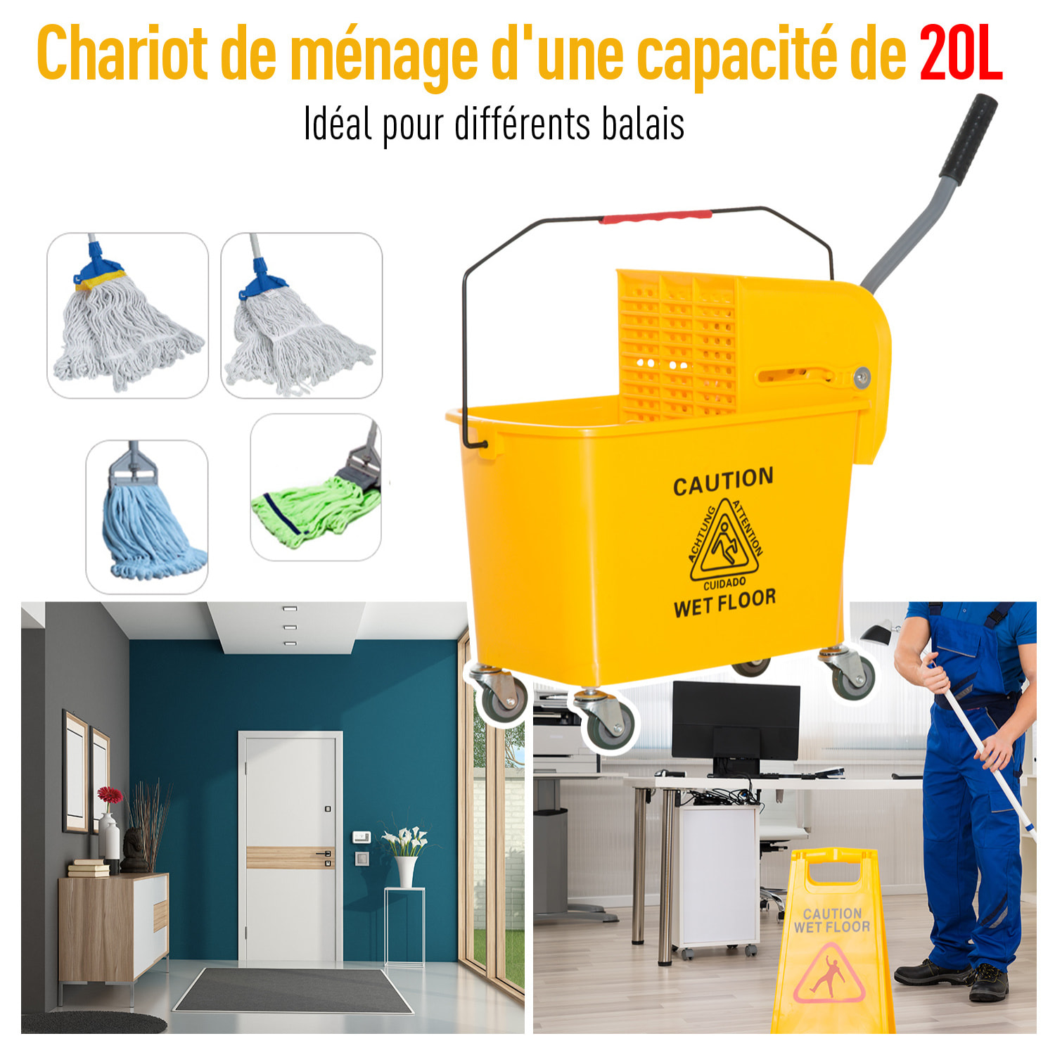 Chariot de nettoyage lavage seau de ménage 20 L avec essoreur et séparateur eau sale propre jaune