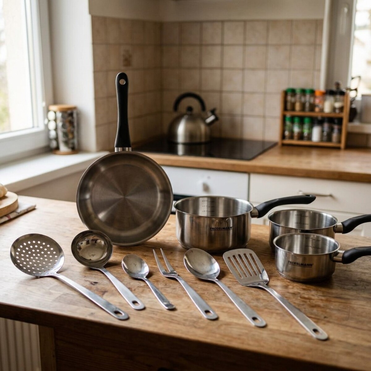 Set 1 poêle, 3 casseroles en inox et 6 ustensiles inox Fackelmann Geneva
