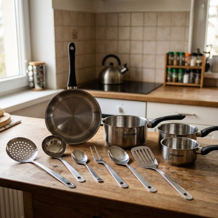 Set 1 poêle, 3 casseroles en inox et 6 ustensiles inox Fackelmann Geneva
